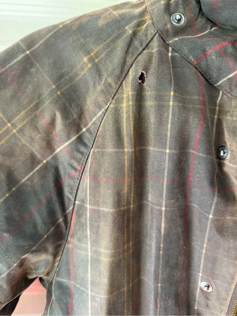 Barbour Slim Line SL Bedale Waxed Tartan Print Brown Corduroy Collar Small Rare
